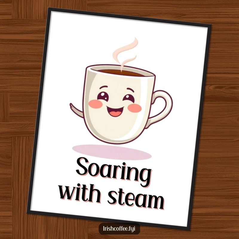 Funny digital art print of a steamy grinning espresso cup spinning playfully, offering instant energetic humor and decor.