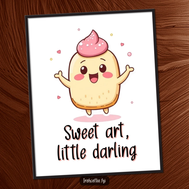 Funny digital art print of a cheerful pastry character bouncing playfully, its sugar dusting creating a sweet and whimsical effect.