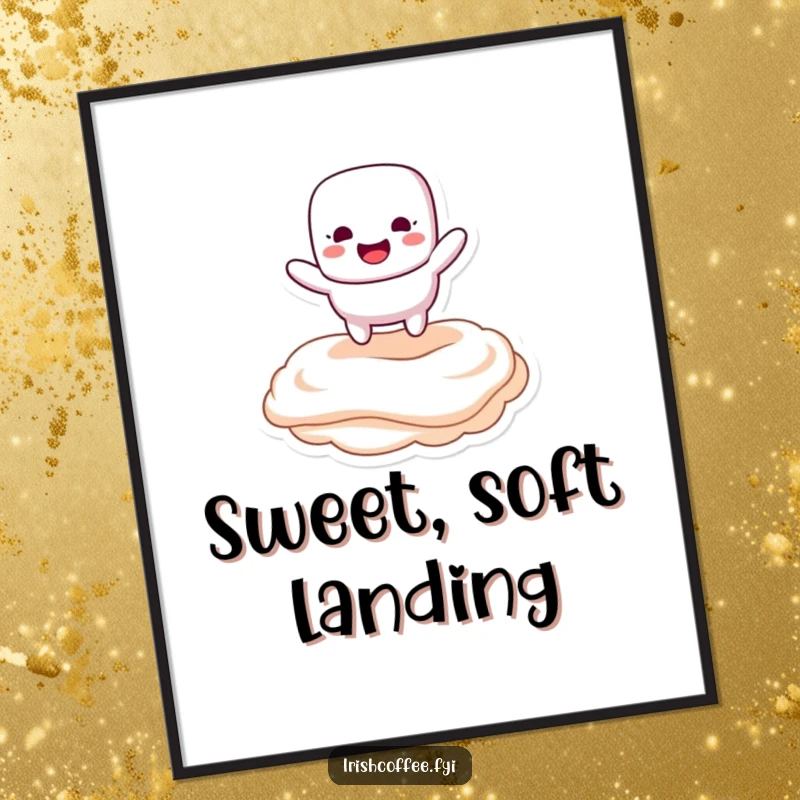 Funny digital art print of a marshmallow character happily bouncing on creamy topping, bringing sweet humor and joy.