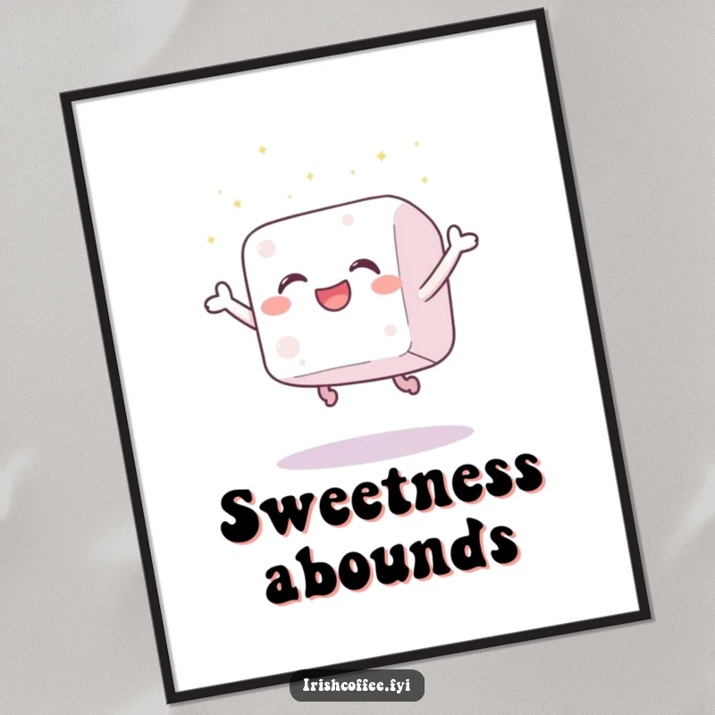 Funny digital art print of a gleeful sugar cube leaping with joy, scattering sparkles, ready to adorn walls with sweet humor.