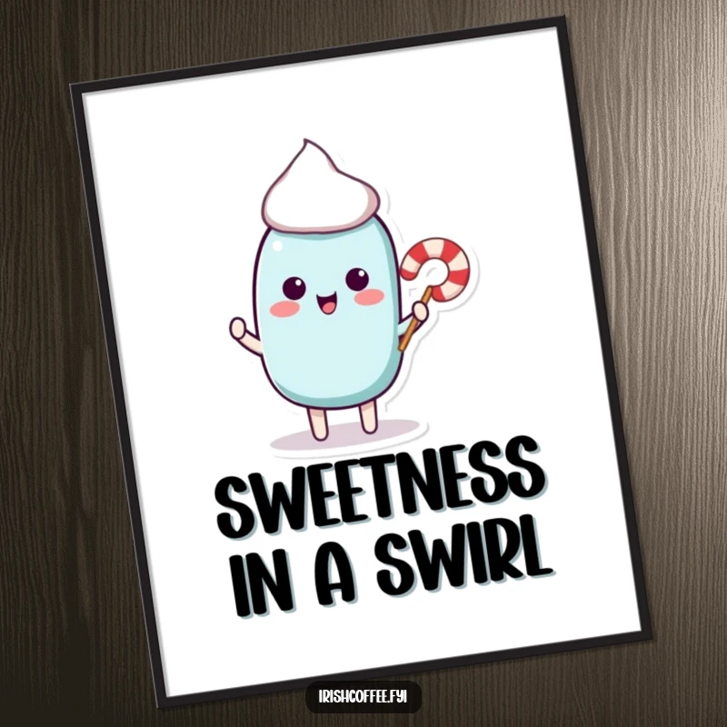 Funny digital artwork of a playful stir stick character offering a miniature candy cane, perfect for adding a sweet touch.