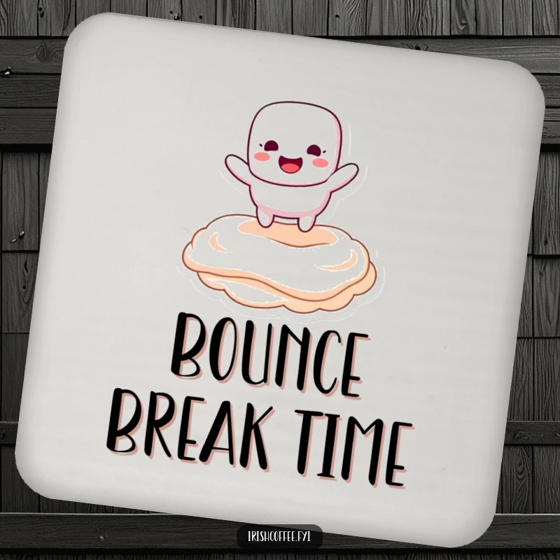 Funny drink coaster with a marshmallow character happily bouncing on creamy topping, offering sweet humor and surface protection.