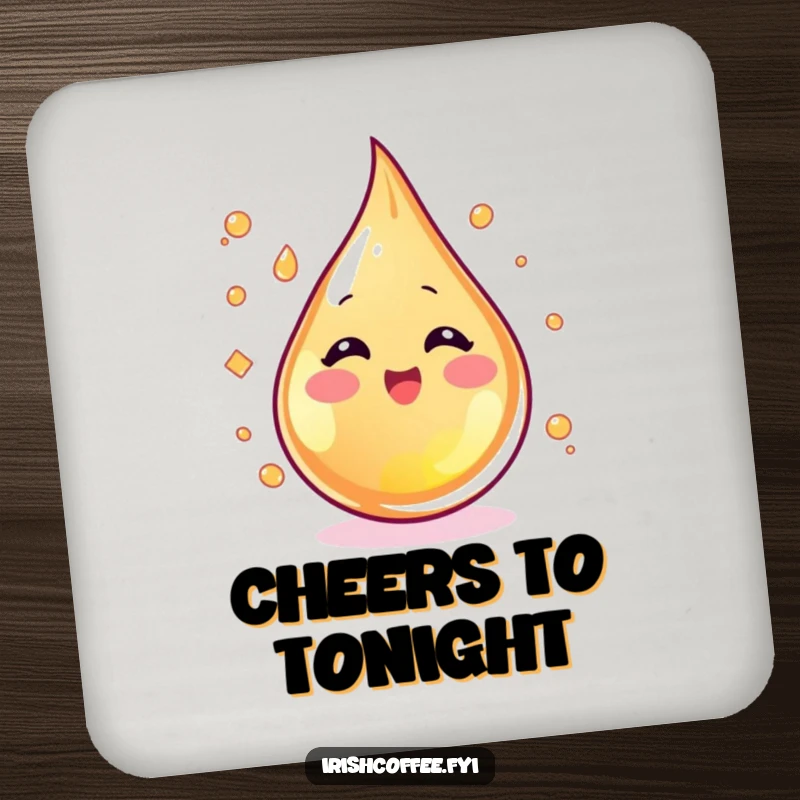 Funny blushing whiskey droplet swirling with excitement on a drink coaster, adding spirited humor to tables.