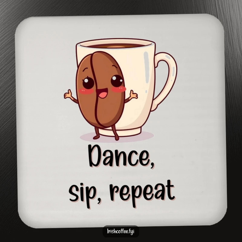 Funny drink coaster showcasing a coffee bean character dancing happily, adding a playful and energetic touch to any tabletop.