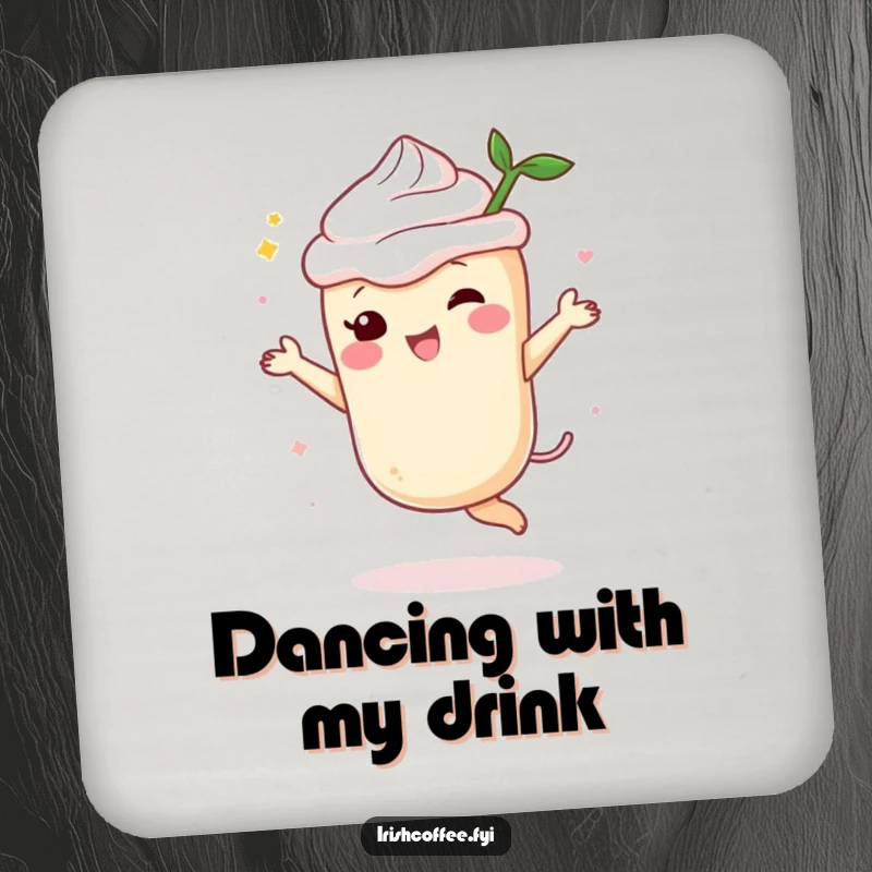 Funny cream liqueur coaster showing a spirit character dancing with delight, adding whimsical charm while protecting surfaces.