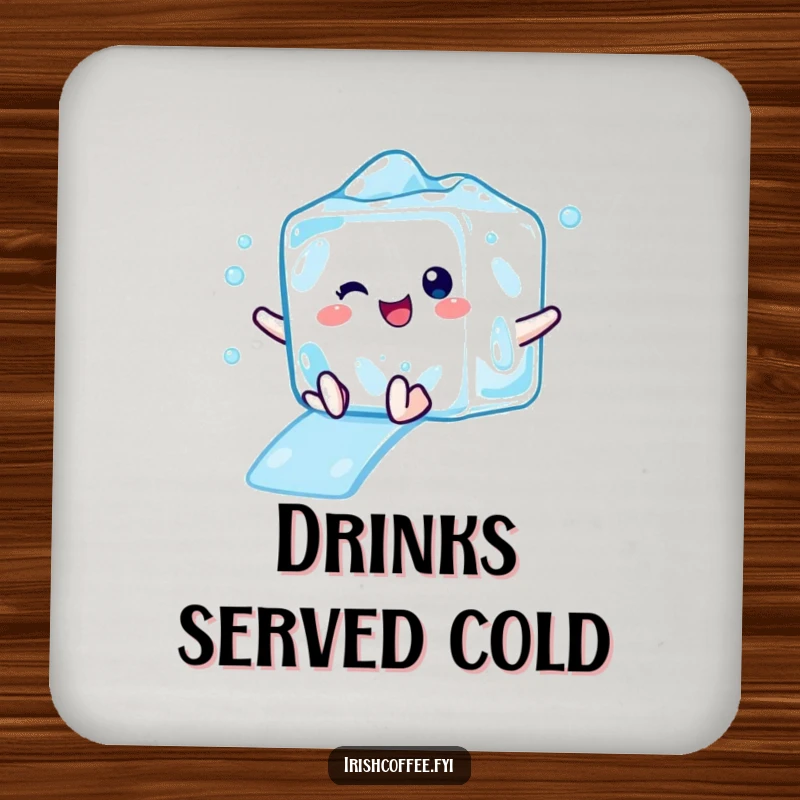 Funny drink coaster depicting a delighted ice cube character mid-slide, offering cool protection and a humorous touch.