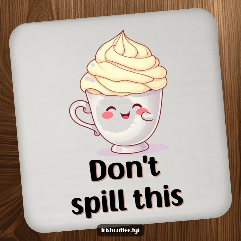 Funny cup character coaster comically balancing a cream swirl, protecting surfaces with humor and relatability, perfect funny gift.