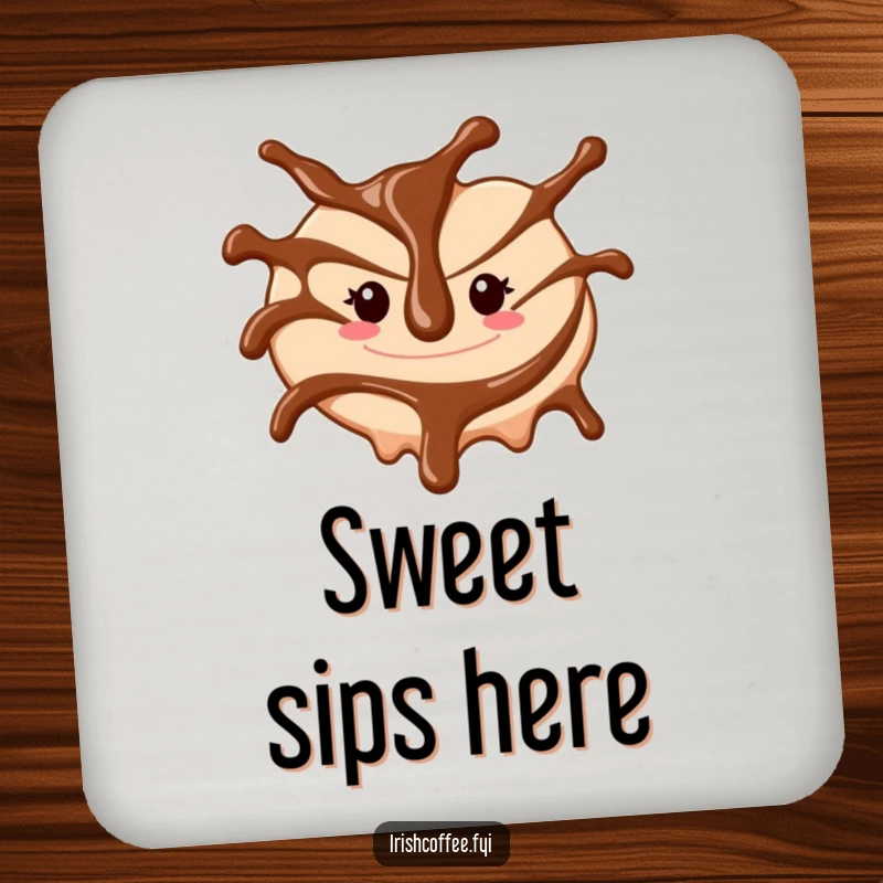 Funny drink coaster with a cheerful chocolate sauce drizzle swirling, protecting tables with dessert-themed humor.