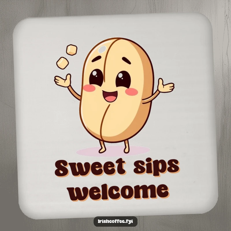 Funny drink coasters with a smiling coffee bean character juggling sugar cubes, protecting surfaces with caffeinated humor.
