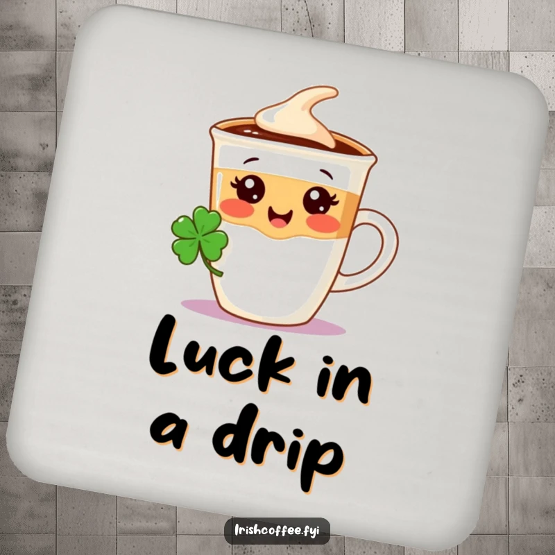 Funny drink coaster featuring a cute coffee cup character wearing a miniature shamrock, protecting surfaces with Irish humor.