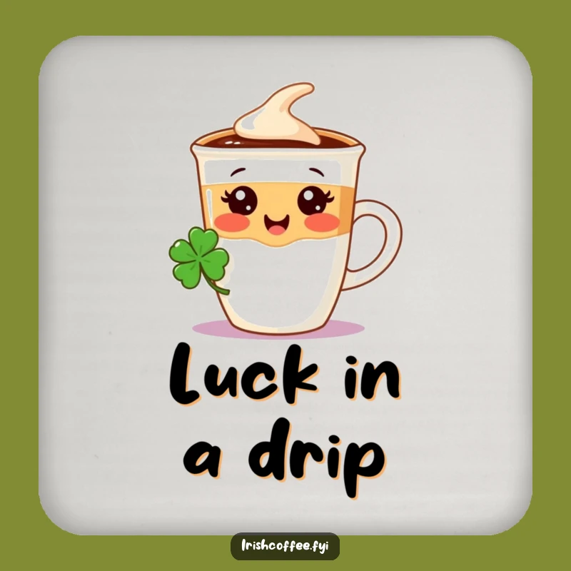 Funny Coffee Cup Coaster Set - Lucky Shamrock Character, Irish Bar Gift