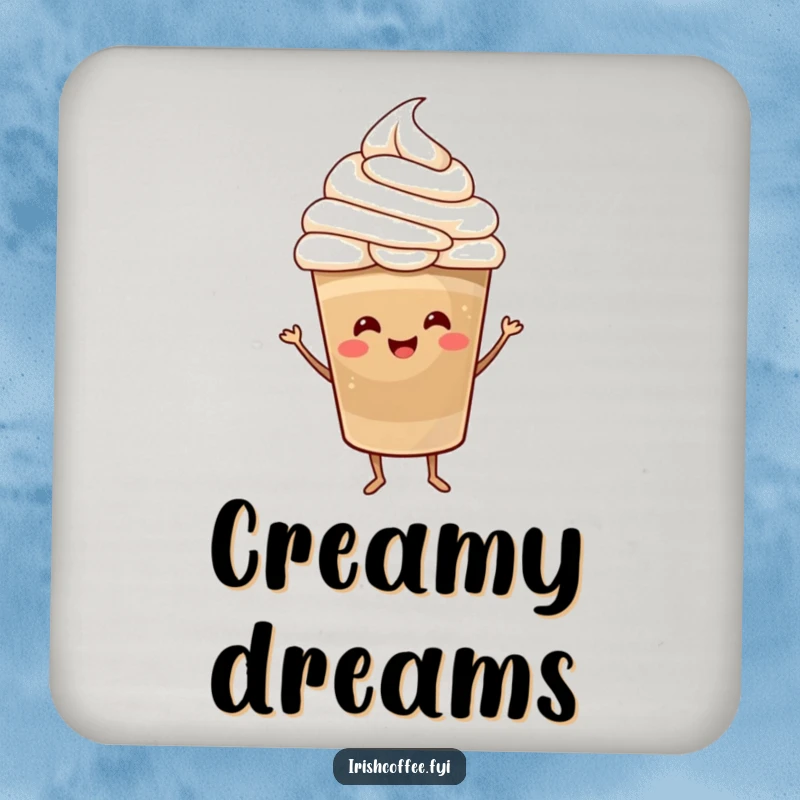 Funny Drink Coaster featuring a happy coffee cup with a whipped cream hat dancing with joy, perfect for protecting surfaces with caffeine cheer.
