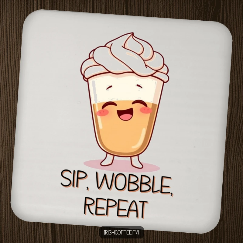 Funny drink coaster with a giggling coffee character, whipped cream hair, and a silly wobble, protecting surfaces with humor.
