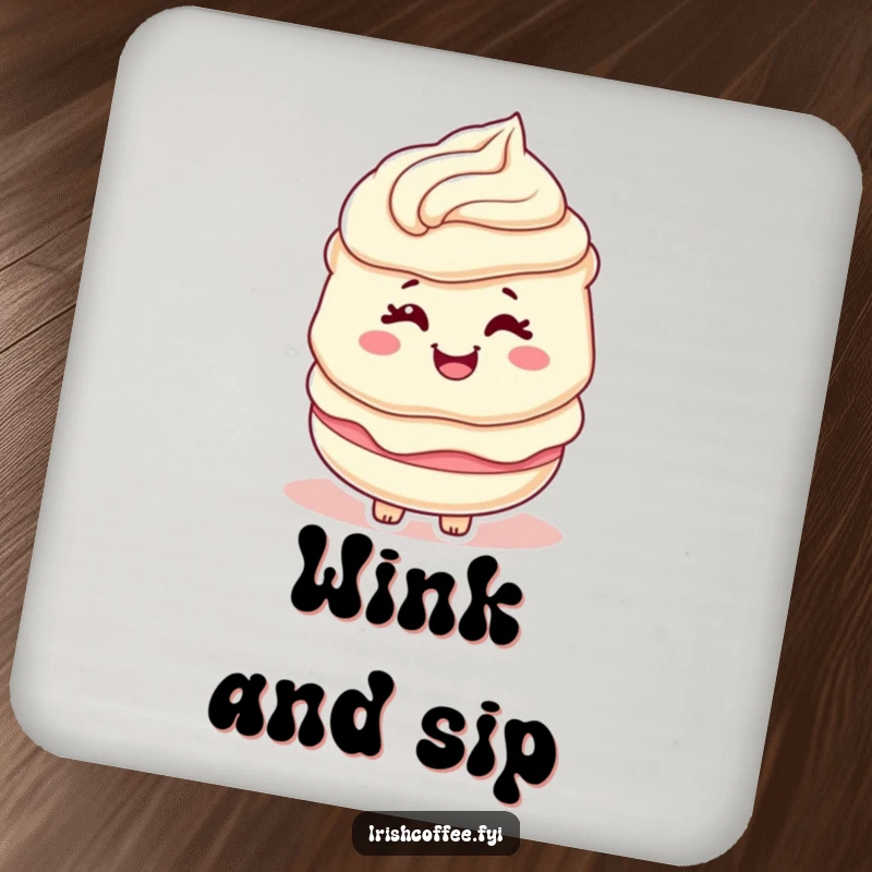 Funny drink coaster showing a cream layer character winking playfully with a swirl, a sweet and humorous item.