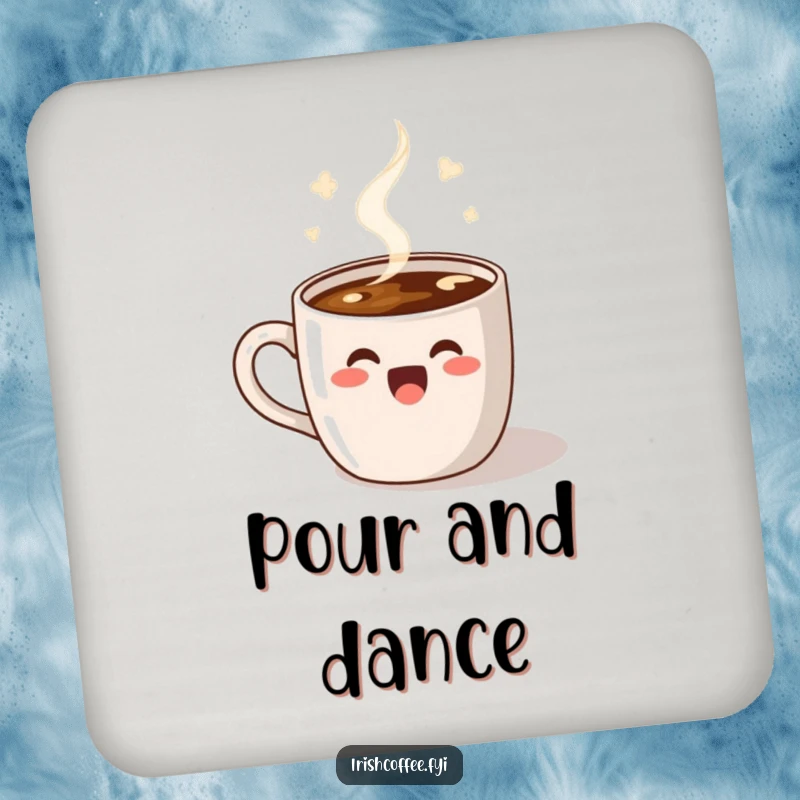 Funny Drink Coasters featuring a delighted coffee mug with steam performing a happy dance, protecting surfaces with cheerful energy.