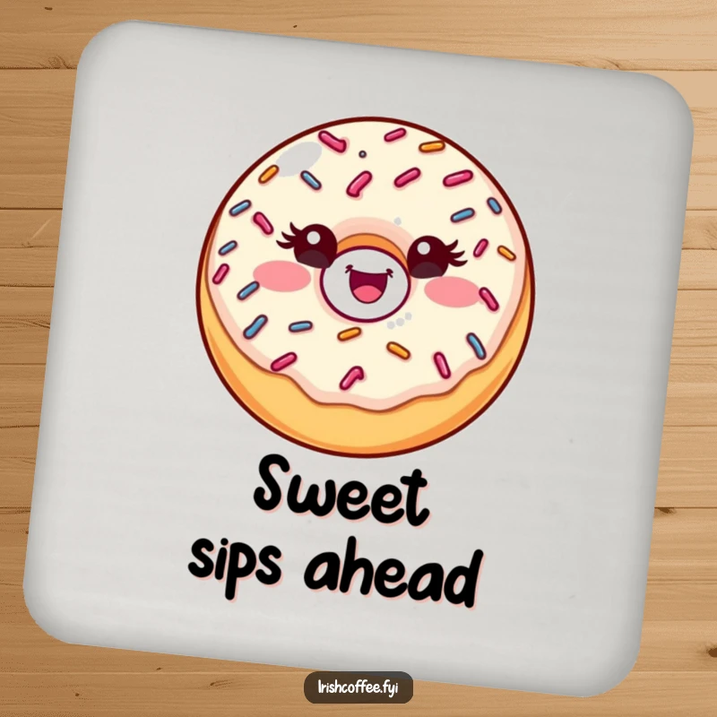Funny donut coaster with a winking sprinkle donut design, a cute and humorous drink accessory.