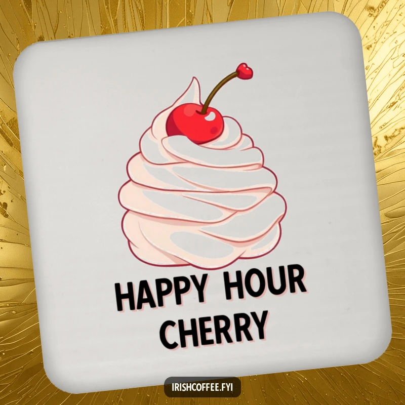 Funny drink coasters showcasing a whipped cream dollop with a twirling cherry, designed for surface protection with sweet charm.