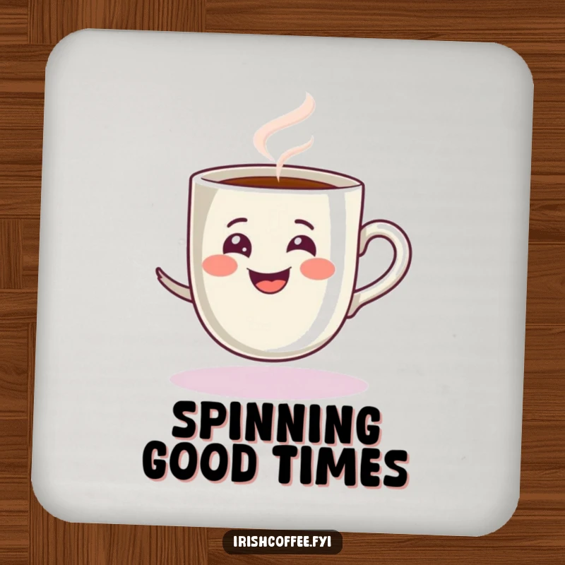 Funny drink coasters with a steamy grinning espresso cup spinning playfully, protecting surfaces with energetic humor.