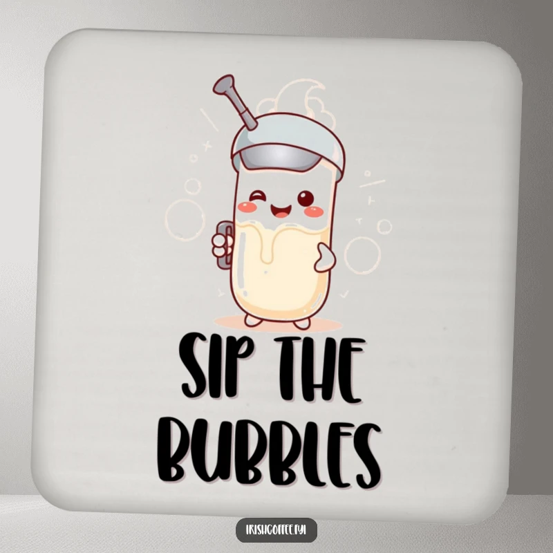 Funny drink coaster featuring a smiling milk frother character creating frothy clouds, protecting surfaces with a humorous twist.