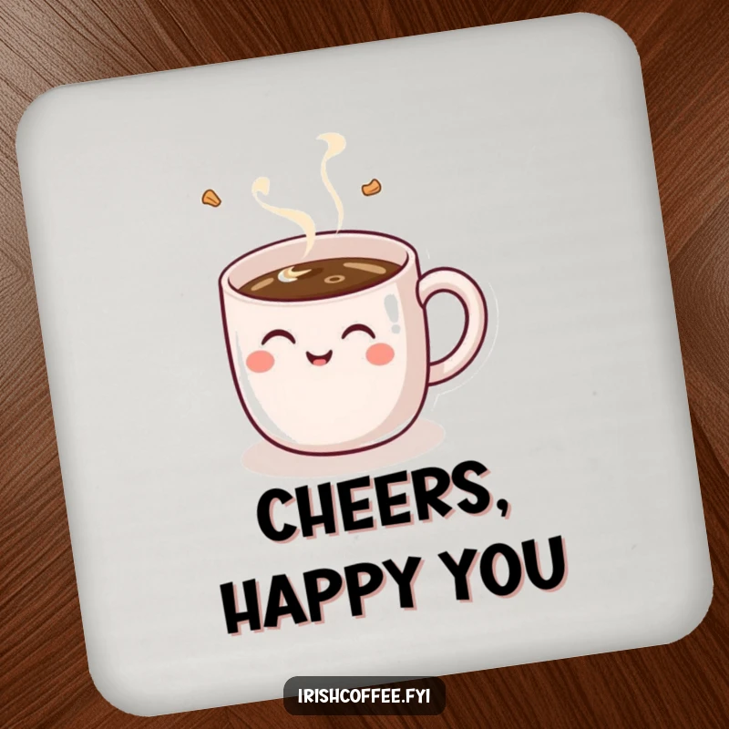 Funny drink coaster with a charming giggling coffee mug design, protecting surfaces with a humorous and cheerful touch.