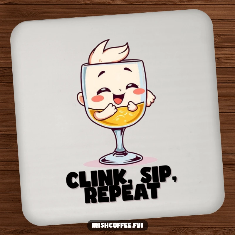 Funny Drink Coaster: A happy whiskey glass clinking, symbolizing celebration and protecting surfaces with playful style. Adds humor to any setting.