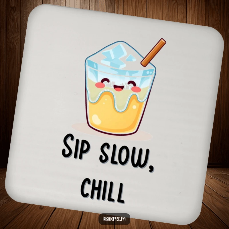 Funny drink coaster showcasing a content melting ice cube in a warm beverage, adding a peaceful and humorous touch to tabletops.