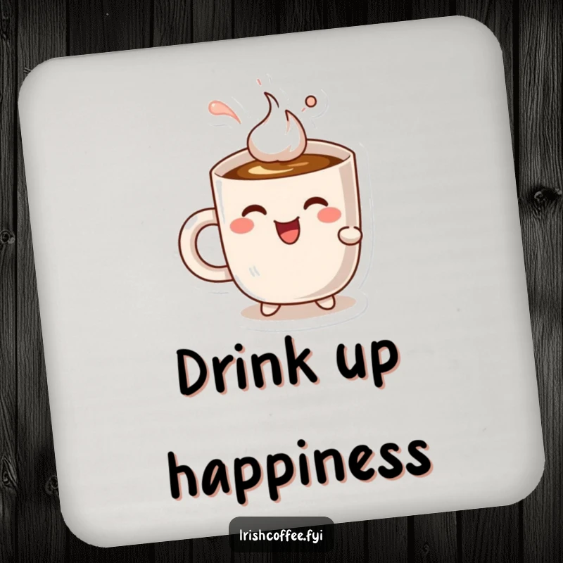 Funny cheerful coffee mug character delightedly sipping coffee, absorbent drink coaster.