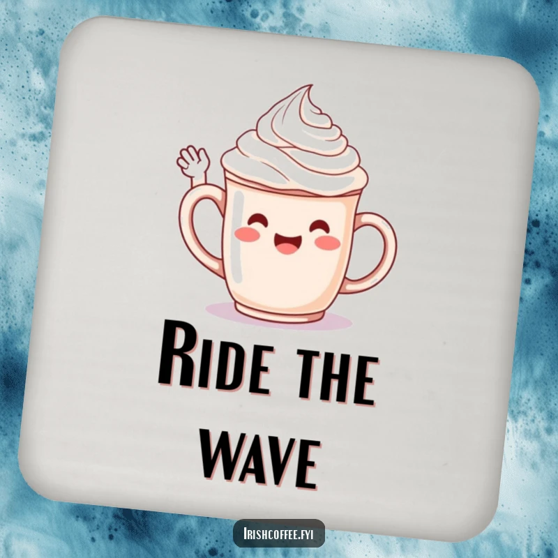 Funny drink coaster with a jubilant whipped cream character on a mug, cheerfully waving hello.