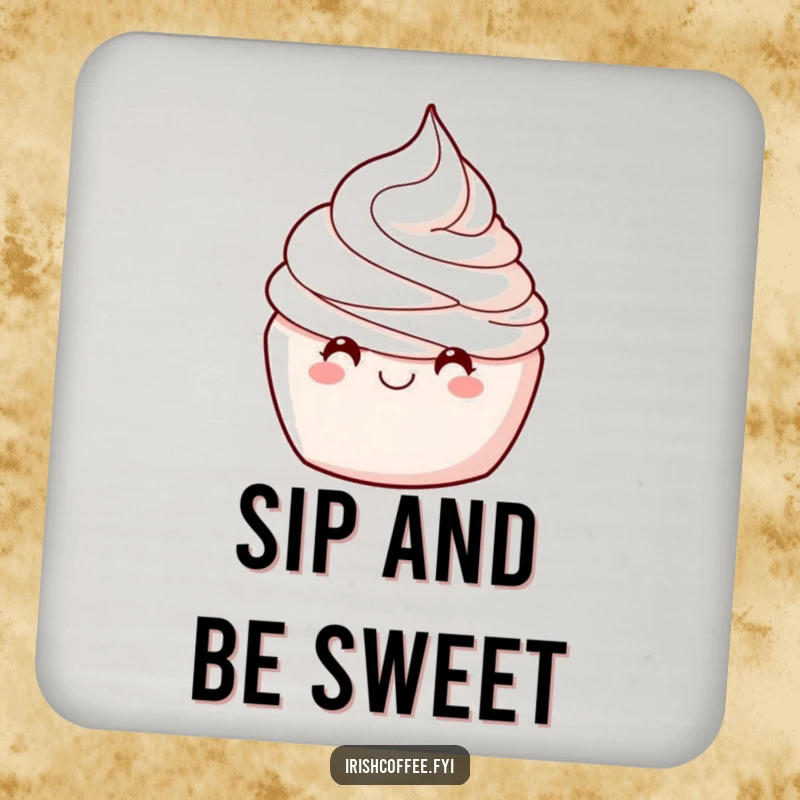 Funny drink coaster featuring a delighted whipped cream swirl winking, perfect for protecting surfaces with a humorous design.