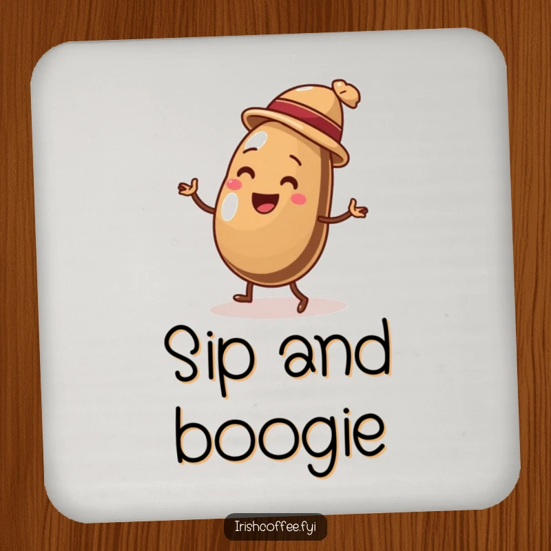 Funny drink coasters depicting a delighted coffee bean wearing a hat, doing a lively jig, protecting surfaces with humorous charm.