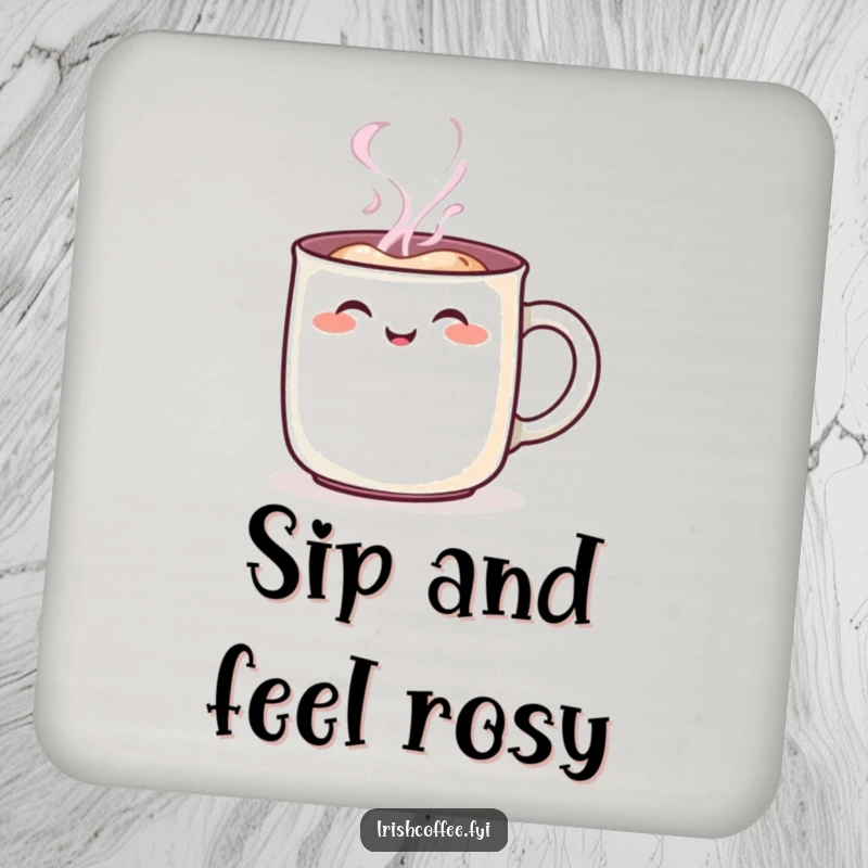 Funny steaming mug character coaster, featuring a cheerful rosy blush, protecting surfaces with humor and charm, perfect funny gift.