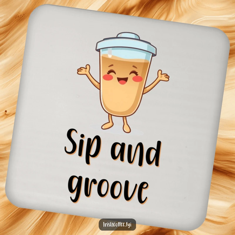 Funny coffee character coaster smiling and dancing playfully, protecting surfaces with a touch of humorous energy.
