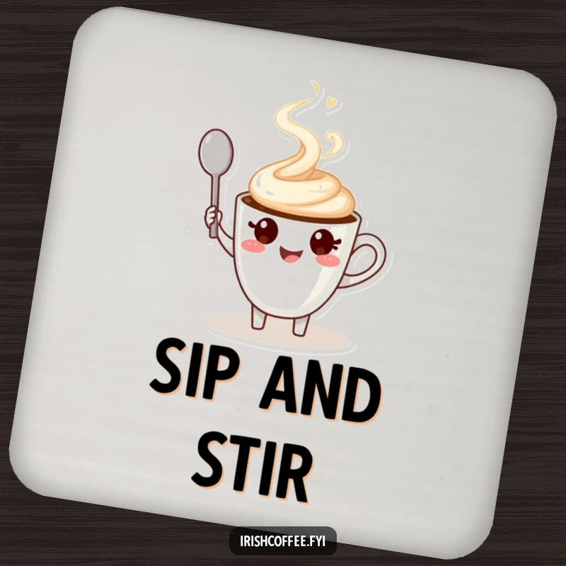 Funny drink coaster showing a happy coffee cup character waving a spoon, a humorous and practical item.