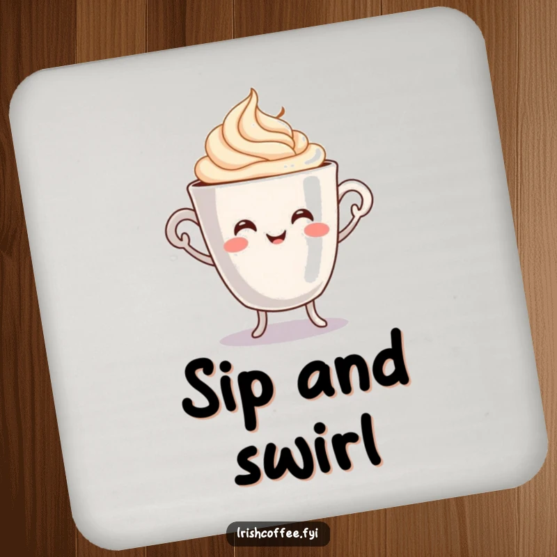 Funny drink coaster featuring a smiling coffee cup character doing a lively jig with swirling cream, perfect for adding morning flair.