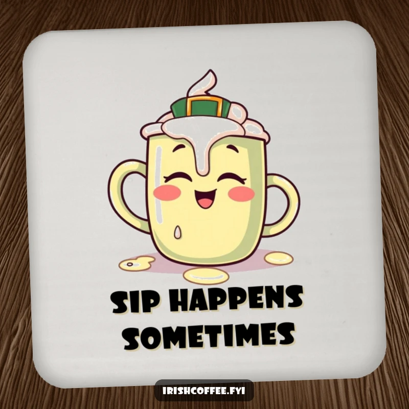 Funny drink coaster featuring a giggling Irish coffee mug character spilling a little cream, adding humor and protecting surfaces.
