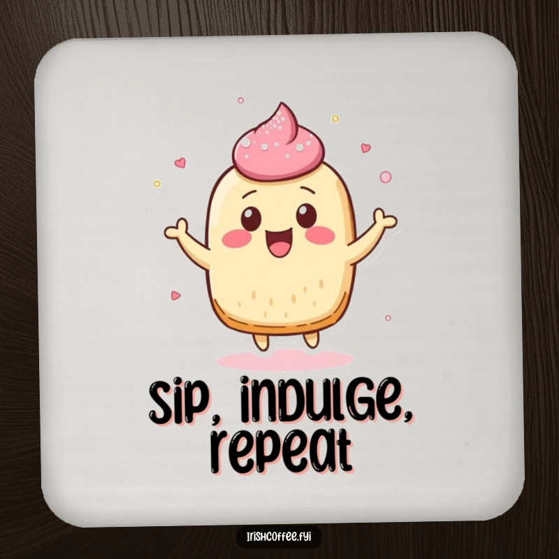 Funny drink coaster depicting a cheerful pastry character bouncing playfully, its sugar dusting adding a sweet touch.