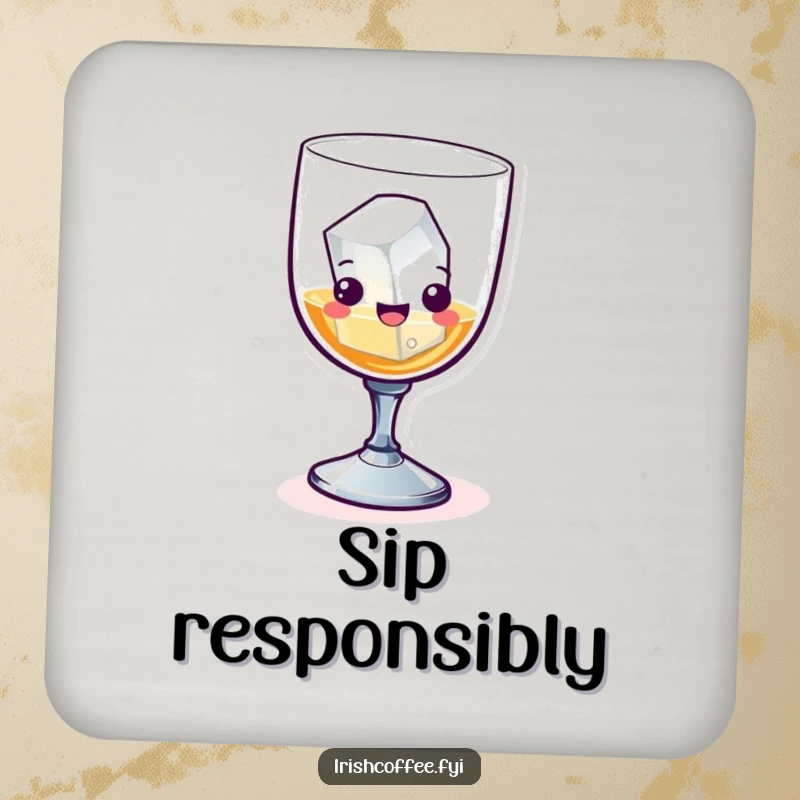 Funny whiskey glass with an ice cube skiing on a drink coaster, adding a humorous touch to beverage service.