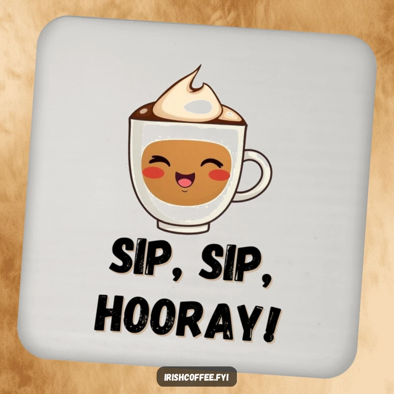 Funny drink coaster featuring a cute coffee cup character winking, designed to protect surfaces with a touch of playful humor.