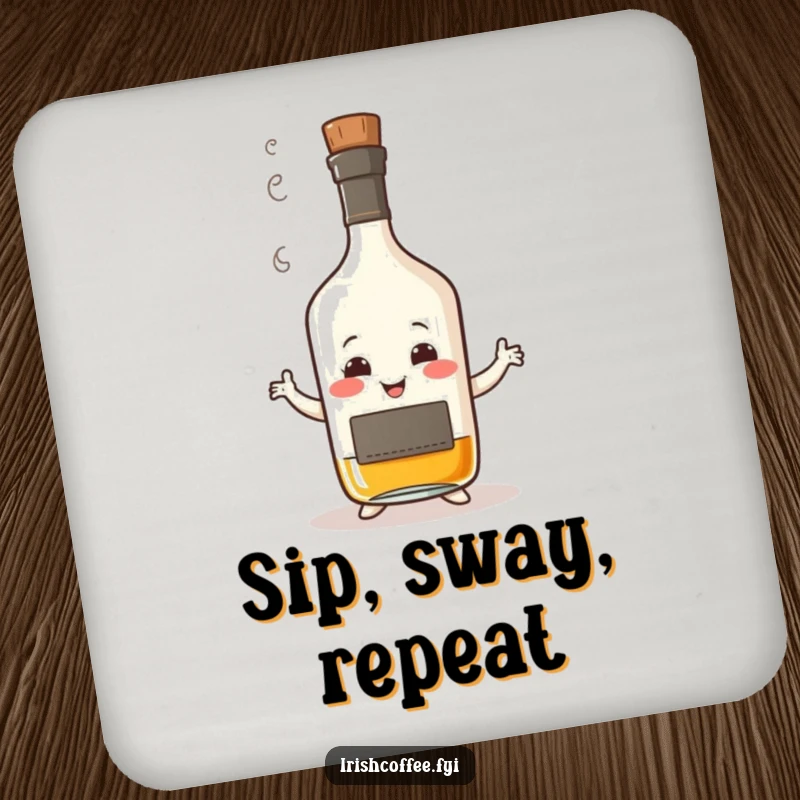 Funny drink coasters depicting a smiling whisky bottle with steam, humorously performing a wobbly dance, protecting surfaces with spirited charm.