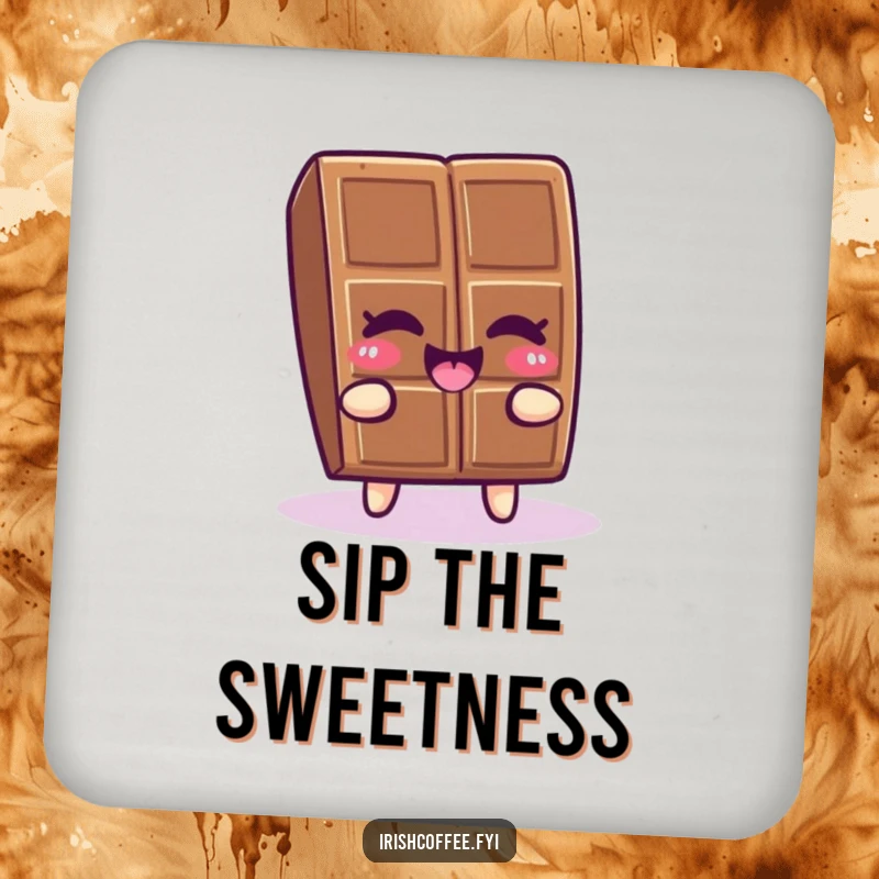 Funny chocolate piece winking and wiggling happily on a drink coaster, adding sweet humor to tables.