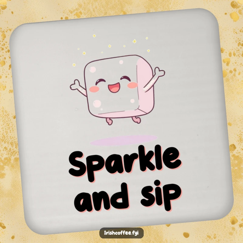 Funny drink coasters depicting a gleeful sugar cube leaping joyfully, scattering tiny sparkles, protecting surfaces with sweet, humorous charm.