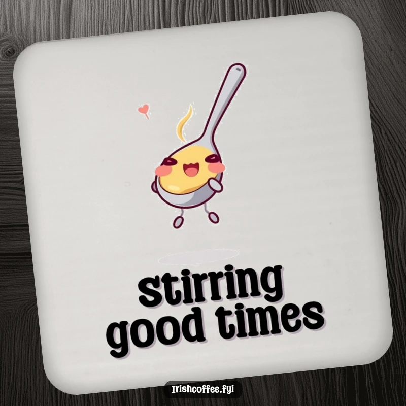Funny Drink Coaster: A smiling teaspoon stirring happily, protecting surfaces with playful charm. Adds a humorous accent to any table.