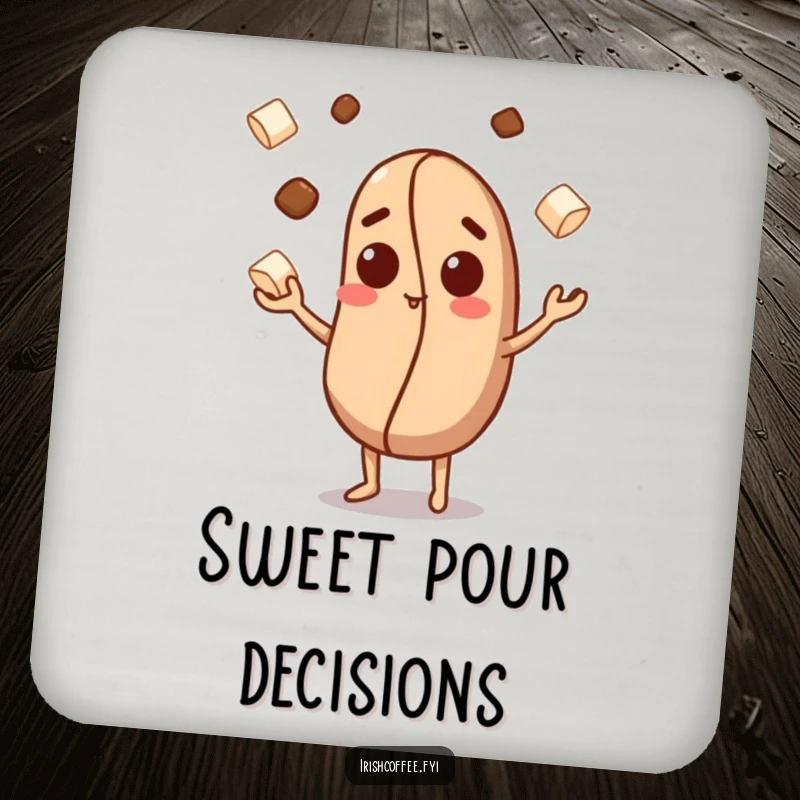 Funny drink coaster featuring a curious coffee bean character juggling sugar cubes, adding a humorous and sweet touch to home decor.