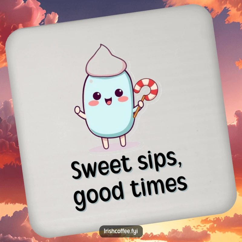Funny drink coaster featuring a cute stir stick character offering a miniature candy cane, protecting surfaces with sweet humor.
