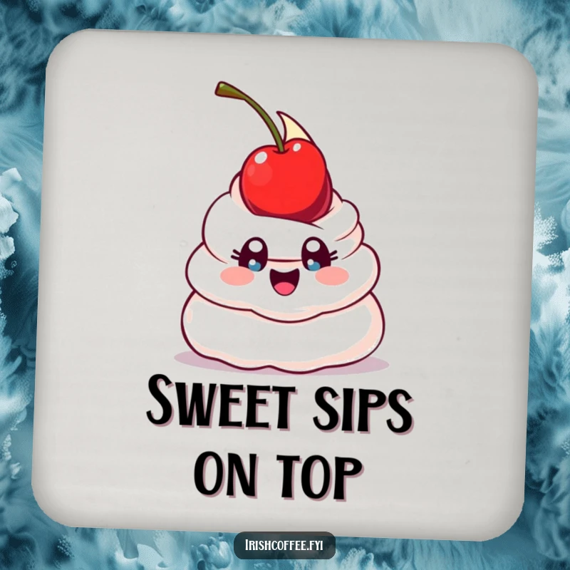 Funny drink coasters depicting a happy whipped cream dollop with wide eyes, humorously attempting to balance a cherry, protecting surfaces with sweet charm.