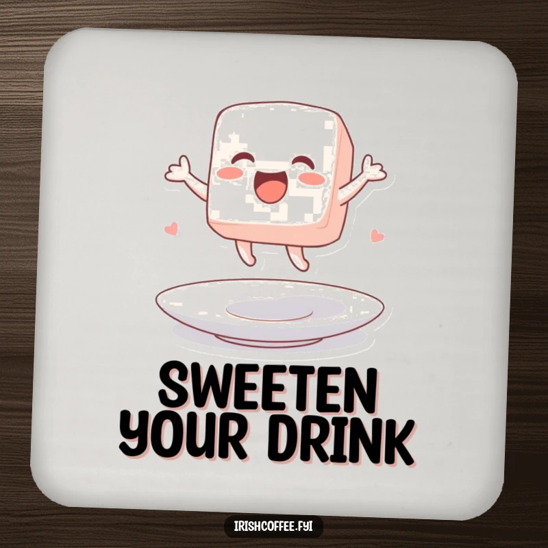 Funny drink coaster showing a sugar cube character excitedly jumping on a saucer, a sweet and humorous item.
