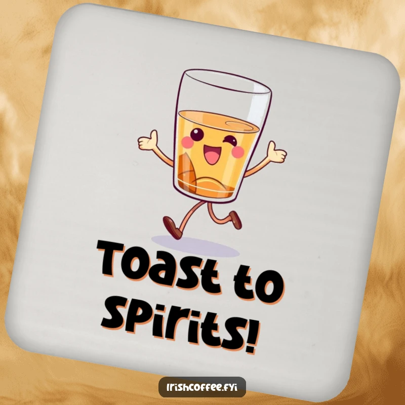 Funny whiskey glass coaster with a cartoon character hopping playfully, protecting surfaces with a touch of humor and spirit.