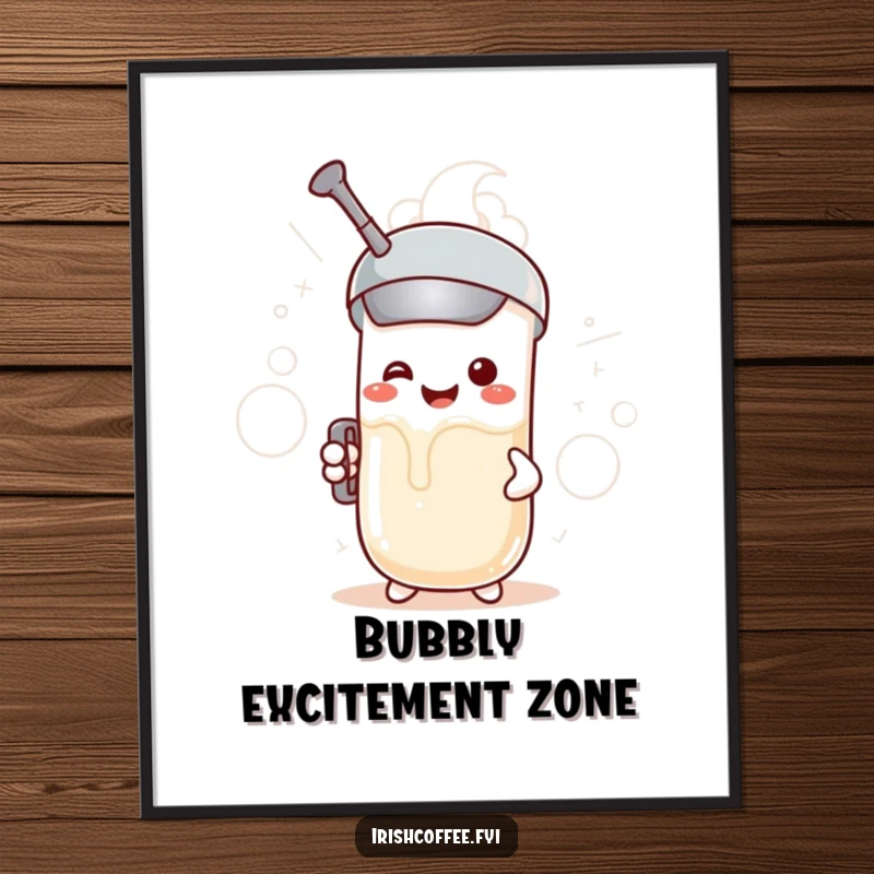 Funny poster of a smiling milk frother character happily making frothy clouds, a humorous and energetic wall art.