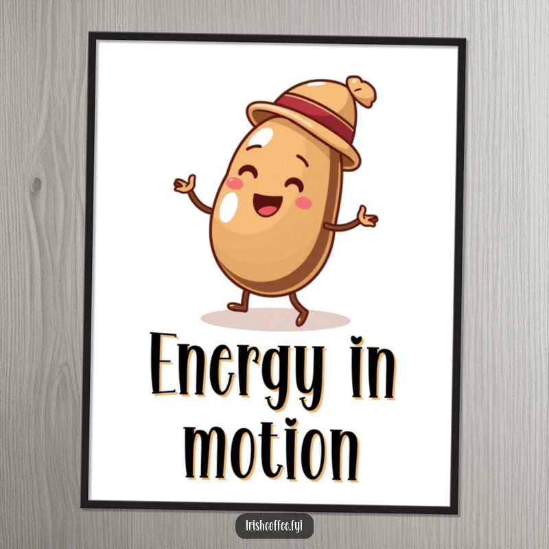 Funny poster depicting a delighted coffee bean in a small hat, joyfully executing a lively jig, full of humorous energy and charm.