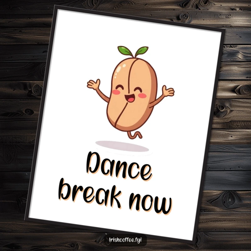 Funny poster art of a coffee bean character performing a tiny, energetic dance, a lively and humorous decoration.